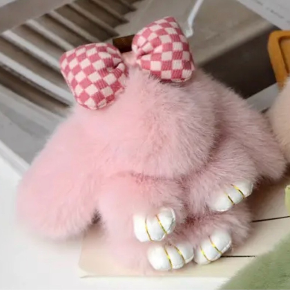 Pink Fluffy Bunny Keychain with Checkered Bow